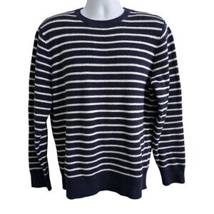 J Crew Cotton Sweater Mens Size Large Crew Neck Striped Chunky Navy Blue White